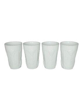 VINTAGE Drinking glasses Set of 4 Milk Glass Grape Leaf pattern Embossed White